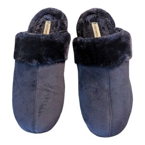Dearfoams Navy Blue Faux Fur Lined Rubber Soles Slide On Slippers Women's L 9-10